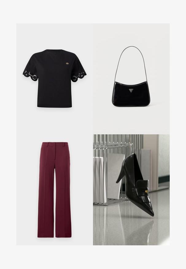 Camiseta de algodón negra con mangas cortas acampanadas y un borde de encaje con forma de ondas. Pequeño logo dorado en el pecho. Diseño simple y clásico.; Pantalones de pierna ancha burdeos, confeccionados en tejido suave, que presentan un frente plano, trabillas para cinturón y un diseño entallado con detalles de pliegue.; Zapato de tacón alto de cuero negro con punta afilada y flecos decorativos flotando sobre un suelo brillante cerca de una estantería metálica con documentos.; Bolso de hombro de charol negro con correa delgada, logotipo triangular de Guess en el frente y cierre superior con cremallera.