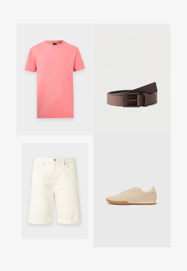 T-shirt rose uni manches courtes col rond avec un petit patch logo carré sur la poitrine gauche et une étiquette noire de marque au col.; Short en denim couleur crème jusqu'aux genoux avec poches avant, passants de ceinture, fermeture par bouton et ourlets retournés.; Baskets en daim beige au design épuré, présentant une tige texturée, un bout rond et une semelle en caoutchouc avec un motif en zigzag.; Ceinture en cuir marron avec une boucle rectangulaire en métal foncé mat, partiellement enroulée sur un fond blanc uni.