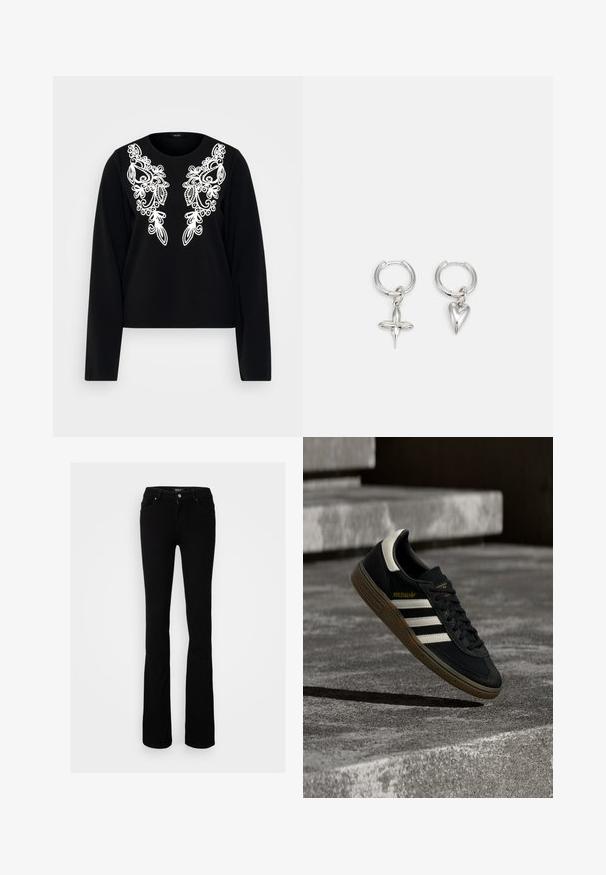 Schwarzes Langarmoberteil mit aufwändiger weißer Stickerei auf der Vorderseite, rundem Ausschnitt und taillierter Silhouette. Weicher Stoff.; Schwarze Stretch-Denim mit Schlag, featuring einen Knopfverschluss, vier Taschen und einer glatten Textur, entworfen für eine enganliegende Silhouette.; Schwarzer Adidas-Sneaker mit weißen Streifen und Gummisohle schwebt über grauen Betonstufen im natürlichen Licht.; Silberne Creolen mit einem Kreuz- und Herz-Anhänger. Glatte, glänzende Textur mit polierter Oberfläche. Jeder Anhänger hängt an einem sicheren Ring.