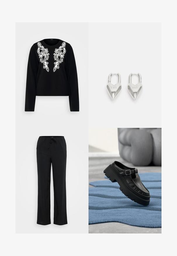 Schwarzes Langarmoberteil mit aufwändiger weißer Stickerei auf der Vorderseite, rundem Ausschnitt und taillierter Silhouette. Weicher Stoff.; Vero Moda Tall VMBERLIN WIDE PANEL - Stoffhose - black; Schwarzer Leder-Slipper mit grober Profilsohle und silberner Schnalle, schräg auf einem strukturierten blauen Teppich platziert.; Silberne herzförmige Vorhängeschlösser mit eingravierten "JA"- und "NEIN"-Texten, polierte Oberfläche, symmetrisches Design und einem robusten Metallverschluss.