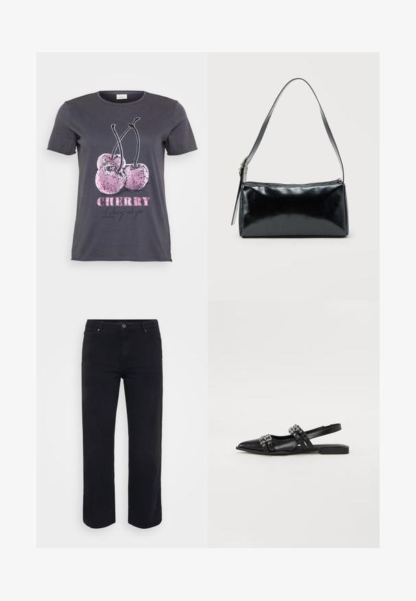 Camiseta gris con un gráfico de cereza con acentos de purpurina rosa, la palabra "CHERRY" en negrita rosa y texto adicional en negro.; Jeans de denim negro con un diseño de pierna recta. Las características incluyen un cierre de botón en la cintura, trabillas para cinturón y bolsillos delanteros y traseros. Textura suave.; Even&Odd Bailarinas con tira trasera - black; Bolso de hombro rectangular negro con una correa ajustable y un cierre de cremallera superior sobre un fondo liso.