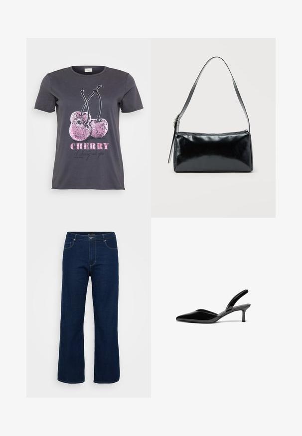 Grå T-shirt med et kirsebærmotiv med lyserøde glimmerdetaljer, ordet "CHERRY" i fed lyserød og yderligere tekst i sort.; Mørkeblå denim jeans med lige pasform, der har en lynlås, fem lommer og synlige syninger.; Sorte patentlæder slingback hæle med spids tå, lav stiletto hæl og et elegant, enkelt design uden pynt.; Sort rektangulær skuldertaske med en enkelt justerbar rem og lynlås i toppen på en ensfarvet baggrund.