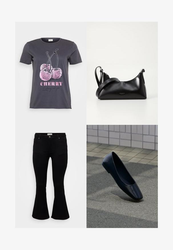 Grå T-shirt med et kirsebærmotiv med lyserøde glimmerdetaljer, ordet "CHERRY" i fed lyserød og yderligere tekst i sort.; Sorte flare jeans lavet af blød denim, med en tætsiddende talje, frontlommer og en flagrende kant for en afslappet pasform.; Sort læder flad sko, stående opret på en asfaltbelægning nær en flisebelagt fortovskant.; Sort læderhåndtaske med en glat tekstur. Har en justerbar stropp og et enkelt, minimalistisk design med lynlås.