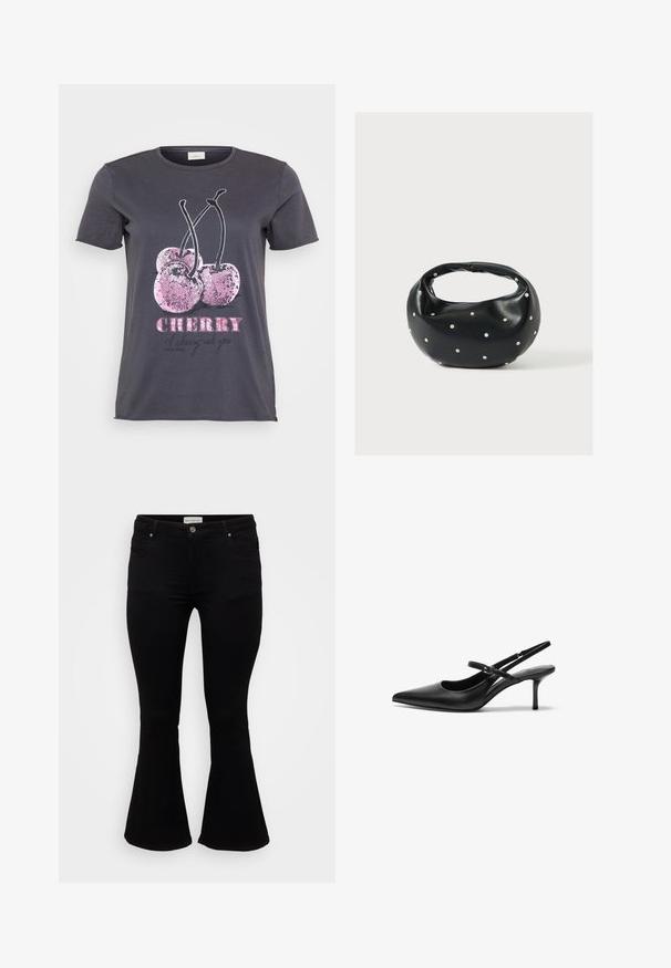 Grå T-shirt med et kirsebærmotiv med lyserøde glimmerdetaljer, ordet "CHERRY" i fed lyserød og yderligere tekst i sort.; Sorte flare jeans lavet af blød denim, med en tætsiddende talje, frontlommer og en flagrende kant for en afslappet pasform.; Sorte læder slingback hæle med spids tå, slank justerbar rem og en stiletto hæl på cirka 5 cm, glat tekstur.; Sort læderhåndtaske med en rundet form, dekoreret med sølvnitter, og et kort håndtag. Glat tekstur og lynlåslukning.