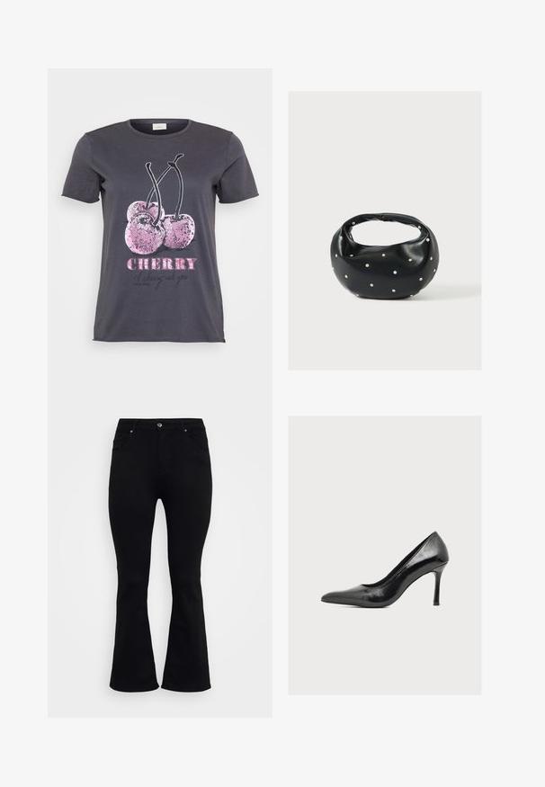 Grå T-shirt med et kirsebærmotiv med lyserøde glimmerdetaljer, ordet "CHERRY" i fed lyserød og yderligere tekst i sort.; ONLY Carmakoma Flared fit CARWILLY High waist - Flared jeans - black denim; Sort laklæder højhælet sko med spids tå og slank hæl på hvid baggrund, vist i højre sideprofil.; Sort læderhåndtaske med en rundet form, dekoreret med sølvnitter, og et kort håndtag. Glat tekstur og lynlåslukning.