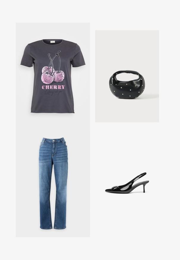 Grå T-shirt med et kirsebærmotiv med lyserøde glimmerdetaljer, ordet "CHERRY" i fed lyserød og yderligere tekst i sort.; Blå straight-fit jeans med knap- og lynlåslukning, for- og baglommer, vist på en ensfarvet hvid baggrund.; Sorte laklæder slingback hæle med spidse tæer og en blank finish. Har en slank hæl og en rund detalje ved vampen.; Sort læderhåndtaske med en rundet form, dekoreret med sølvnitter, og et kort håndtag. Glat tekstur og lynlåslukning.