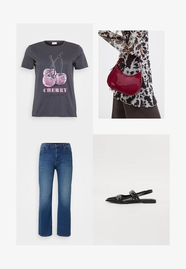 Grå T-shirt med et kirsebærmotiv med lyserøde glimmerdetaljer, ordet "CHERRY" i fed lyserød og yderligere tekst i sort.; Mørkeblå denim jeans med lige ben-design, fem lommestil og en knap- og lynlåslukning. Glat tekstur med minimal falming.; Even&Odd by Zalando Slingback-ballerinasko - black; Kvinde iført en sort- og hvidmønstret bluse, der holder en blank rød skuldertaske mod en ensfarvet baggrund.