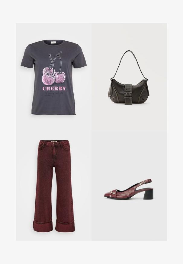 Camiseta gris con un gráfico de cereza con acentos de purpurina rosa, la palabra "CHERRY" en negrita rosa y texto adicional en negro.; Vaqueros amplios en color burdeos, confeccionados en denim con acabado texturizado, de talle alto, con pasadores para cinturón y dobladillos enrollados. Presentan un estilo clásico de cinco bolsillos.; Zapato slingback de cuero burdeos con punta redonda, diseño curvado, acentos de metal plateado y tacón ancho. Acabado texturizado.; Bolso de hombro de cuero negro con detalle de correa con hebilla, bordes curvos y costuras blancas en contraste sobre un fondo liso.