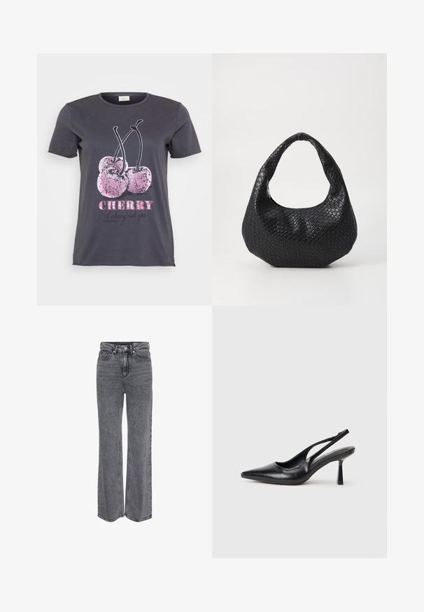 Hallitusrouge T-särk, millel on kirsi graafika roosa sädeleva aktsendiga, sõna "CHERRY" rasvaste roosade tähtedega ja lisatekst mustas värvis.; Kõrge vöökohaga sirgete säärtega hallid teksad, esiküljel nööp, tõmblukk ja klassikalise viie taskuga disain.; Must musta slingback kõrge kontsaga king, terava varbaga ja peene kontsaga, valgel taustal.; Must mustratud käekott, millel on kõver käepide, tekstuuriga pind ja lõtv kuju. Sile viimistlus orgaanilise siluetiga.