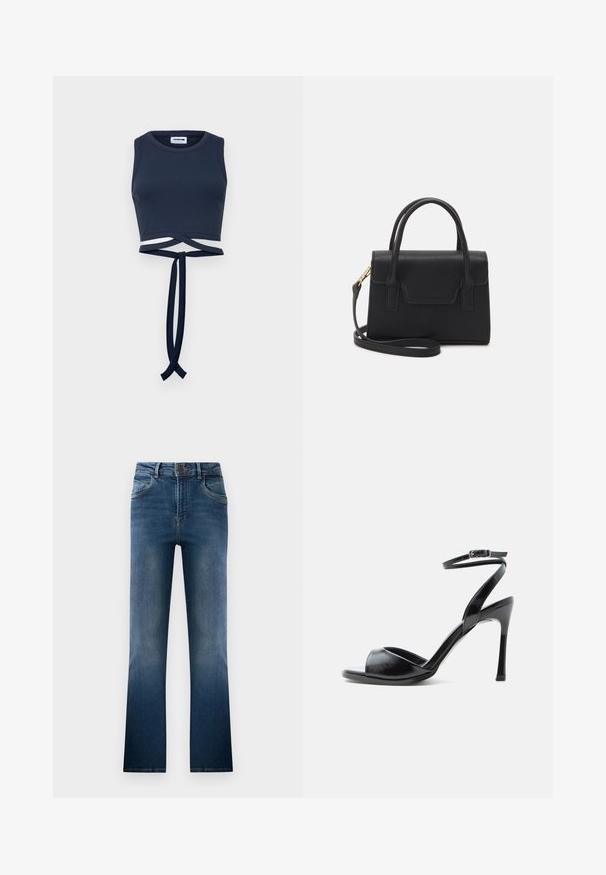 Tumedat sinine lühikeste varrukatega tank top, mis on valmistatud ribakujulisest kangast, laiad õlavarre rihmad ja kerge sõlm detail vöös.; Tumed denim pükste lõige tumesinises, mis sisaldab kulunud pesu, viit taskut ja vööaasasid. Klassikaline disain, millel on esine nupp sulgemiseks.; Must kõrge kontsaga sandaal avatud varbaga, peene kontsaga ja reguleeritava pandlaga pahkluu rihmaga valgel taustal.; Must mustruktureeritud must nahast käekott, millel on pealne käepide, eemaldatav õlarihm ja esiküljel klapi detail. Kuldse metallist aksessuaari aktsendid.
