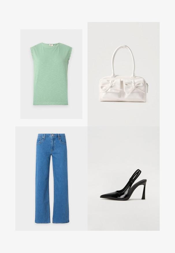 Haut sans manches vert clair avec bordure en dentelle aux épaules et encolure ronde, présenté à plat sur un fond clair.; Jean en denim bleu avec une coupe droite légèrement évasée, poches avant, passants de ceinture et fermeture par bouton à la taille.; Escarpin en cuir verni noir à talon aiguille, à bout pointu, avec une sangle élastique double pour un maintien sécurisé. Surface lisse et brillante.; Sac à main synthétique blanc avec deux poches avant, chacune ornée d'un nœud noué. Texture lisse, anses arrondies et fermeture zippée.