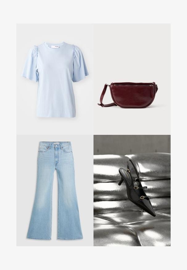 Lyseblå kortærmet t-shirt lavet af blød stof, med samlede detaljer på skuldrene og en rund halsudskæring.; Lysblå flagrende jeans med høj talje, lavet af denim. Har et klassisk fem-lomme design og en rå kant ved ærmerne.; Sort spids tå slingback-hæl med to gyldne spænder, der hviler på en blank sølvpolstret overflade.; Vinrød læderhåndtaske med halvmåneform, lynlås og aftagelig rem. Glat tekstur med en subtil glans.
