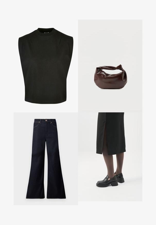 Top sans manches noir en coton avec un col montant, présentant des épaules structurées et une coupe ample, avec un ourlet net et sans motifs visibles.; Jean en denim indigo foncé taille haute, coupe large évasée, bouton à l'avant, fermeture éclair et deux poches avant avec rivets en cuivre.; Femme portant des mocassins noirs à talons épais, des collants noirs transparents et une jupe noire fendue à l'arrière sur fond blanc.; Sac bandoulière en cuir marron foncé avec une forme souple et décontractée et une anse nouée torsadée sur un fond blanc uni.