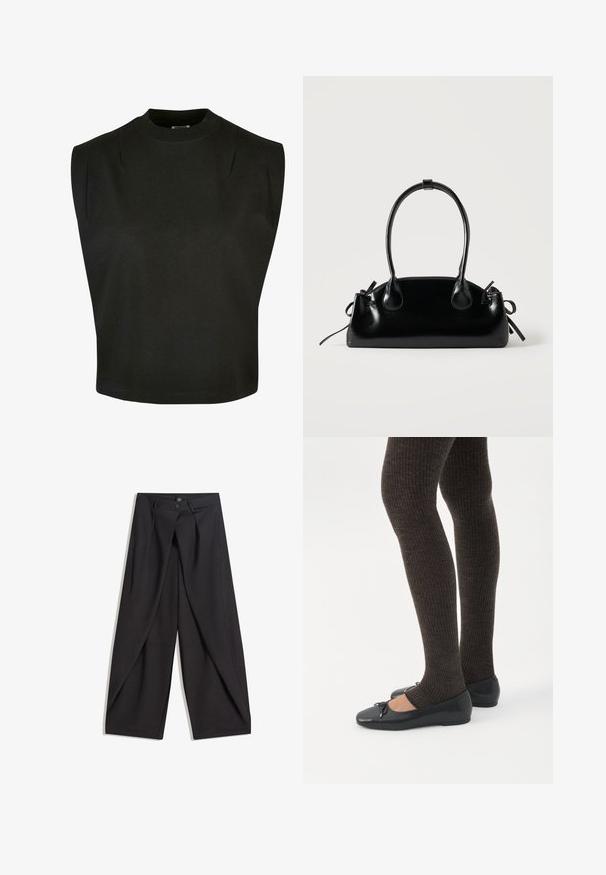 Top sans manches noir en coton avec un col montant, présentant des épaules structurées et une coupe ample, avec un ourlet net et sans motifs visibles.; Pantalon noir à jambes larges avec plis avant, deux boutons à la taille et poches latérales inclinées, présenté à plat sur fond blanc.; Jambes portant des leggings côtelés foncés associés à des ballerines noires avec de petits détails en nœud sur fond blanc.; Petit sac à main noir brillant avec deux longues anses et des détails à cordon sur les côtés sur un fond clair uni.