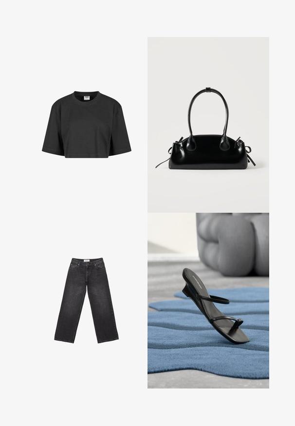 Afskåret sort t-shirt lavet af bomuld, med en afslappet pasform, korte ærmer og en ribbet rund halsudskæring. Ingen synlige mønstre eller accenter.; Bredde ben sorte denim jeans med en mørk vask, fem-lomme design og et mærke på taljebåndet. Glat tekstur med subtil falming.; Sort sandal med remme og tå-loop vist på et blåt tekstureret tæppe, med en stor grå dekorativ genstand sløret i baggrunden.; Lille sort blank håndtaske med to lange håndtag og snøre-detaljer i siden på en ensfarvet lys baggrund.