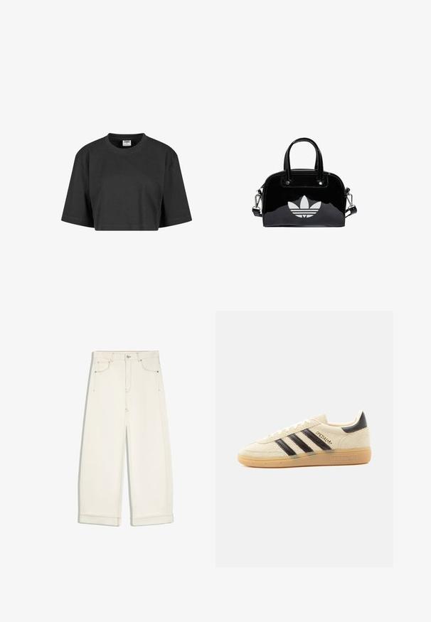 Afskåret sort t-shirt lavet af bomuld, med en afslappet pasform, korte ærmer og en ribbet rund halsudskæring. Ingen synlige mønstre eller accenter.; Off-white brede cropped bukser med frontknap, lynlås, to forlommer og synlige brune syninger.; Kremfarvet ruskindssneaker med sorte striber, gummisål, sort hælstrop og gyldent "SPEZIAL"-tekst på siden.; Sort patentlæder håndtaske med rund form, to top-håndtag, sølvdetaljer og en fremtrædende hvid logo på fronten.