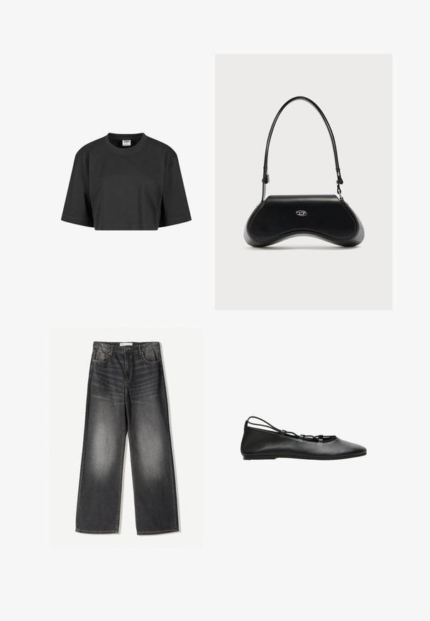 Afskåret sort t-shirt lavet af bomuld, med en afslappet pasform, korte ærmer og en ribbet rund halsudskæring. Ingen synlige mønstre eller accenter.; Mørkegrå brede jeans lavet af denim, med fem lommer, en frontlynlås og kontrastfarvet syninger langs sømmene.; Sort læderballetsko med et elegant design, spids tå og dekorative udskårne remdetaljer på siden. Flad sål for komfort.; Sort skuldertaske i læder med buet bund, sølv oval logo på fronten og tynd justerbar rem mod hvid baggrund.