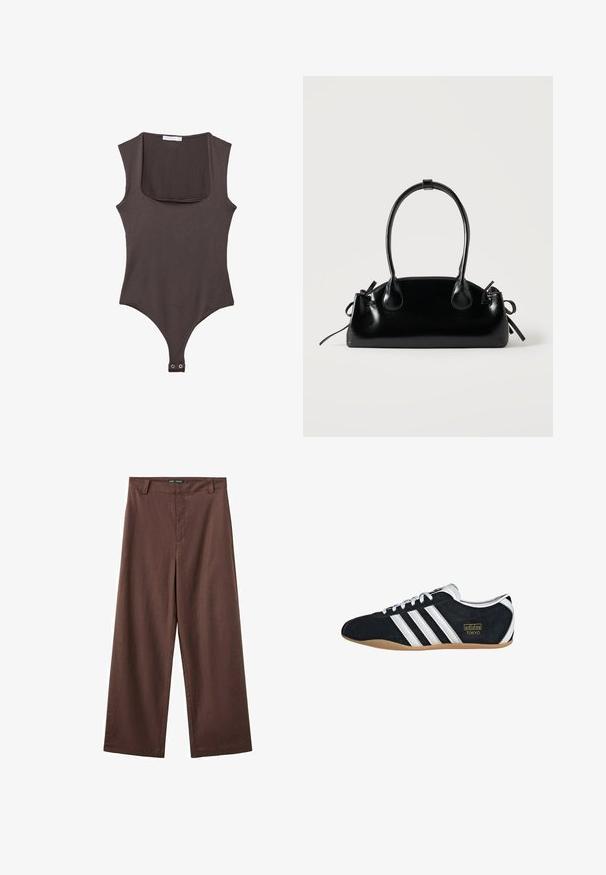 Bodysuit sans manches marron avec un col carré, fabriqué en tissu doux. Comprend une fermeture à pression en bas et une silhouette ajustée.; Pantalon marron à jambes larges avec passants pour ceinture et fermeture éclair frontale dissimulée, en tissu lisse.; Sneakers en suede noir avec trois bandes blanches, logo doré et semelle en caoutchouc marron. Présente un design à lacets à profil bas.; Petit sac à main noir brillant avec deux longues anses et des détails à cordon sur les côtés sur un fond clair uni.