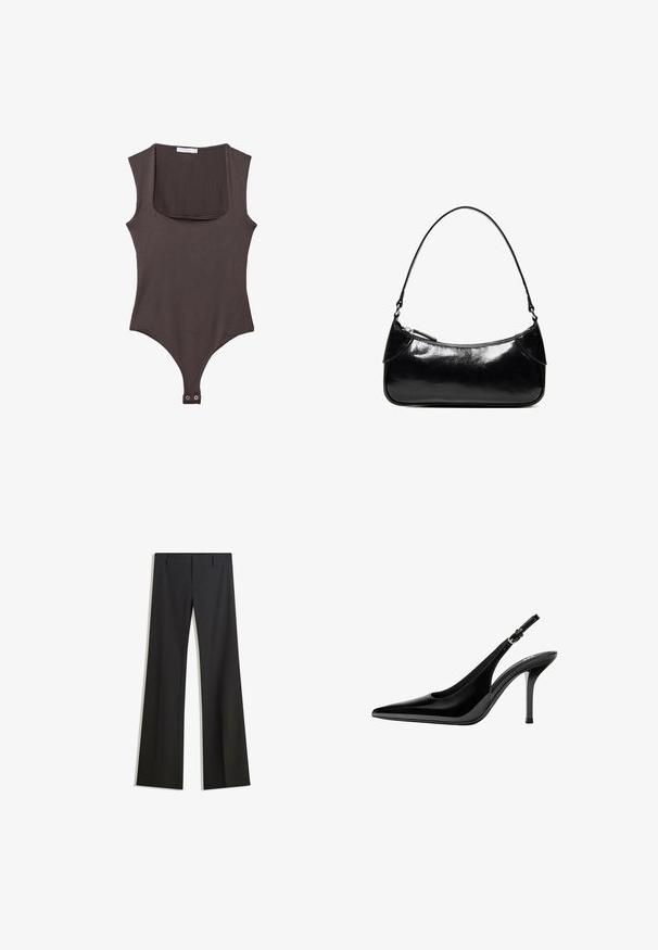 Brauner schulterfreier Body mit quadratischem Ausschnitt, aus weichem Stoff gefertigt. Verfügt über einen Druckknopfverschluss am Boden und eine taillierte Silhouette.; Schwarze, ausgestellte Hose mit glatter Textur, mit maßgeschneiderter Passform und Bund. Keine sichtbaren Muster oder Verzierungen.; Schwarzer Slingback-Pumps aus Lackleder mit spitzer Kappe und verstellbarem Schnallenriemen vor weißem Hintergrund.; Schwarze, glänzende Lederschultertasche mit einem einzelnen Reißverschlussfach und einem dünnen, bogenförmig gebogenen Träger.
