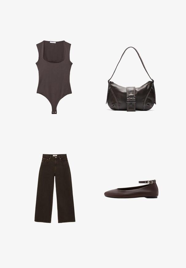 Bruine mouwloze bodysuit met vierkante hals, gemaakt van zachte stof. Bevat een drukknoopsluiting aan de onderkant en heeft een aansluitende silhouet.; Donkerbruine, wijde spijkerbroek met knopen en ritssluiting aan de voorkant, voorzakken met klinknagels en riemlussen, plat gelegd op een witte achtergrond.; Donkerbruine platte schoen met afgeronde neus en verstelbare enkelband met zilveren gesp op witte achtergrond.; Bruine leren schoudertas met een gebogen vorm, voorzien van een opvallende gespdetail, contrasterende stiksels en een enkele schouderband.