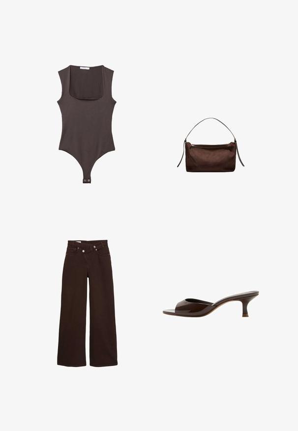 Bodysuit sans manches marron avec un col carré, fabriqué en tissu doux. Comprend une fermeture à pression en bas et une silhouette ajustée.; Jean taille haute, coupe large, couleur marron, avec fermeture éclair et bouton à l'avant, comprenant des poches avant et arrière.; Mule marron à bout ouvert avec petit talon bas en forme de kitten et finition brillante, vue de profil sur fond blanc.; Sac d'épaule en tissu brun texturé avec une sangle fine et une fermeture éclair supérieure, sur fond blanc uni.
