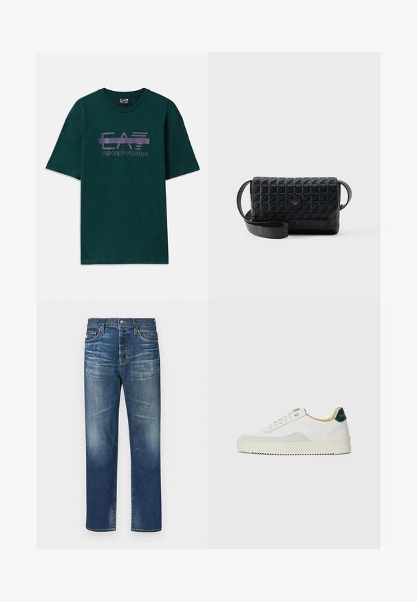 Mørkegrøn bomulds t-shirt med et lilla logo print "EA7 Emporio Armani" over brystet. Klassisk rund hals og korte ærmer.; Blå denim jeans med lige ben, der har slidte områder, et klassisk fem-lomme design, kobbernitter og en knapgennemgang.; Hvide sneakers med ruskindsdetaljer, rund tå, flade snørebånd og en cremet gummisål. Har grøn branding på hælen.; Sort tekstureret crossbodytaske med klaplukning og et lille metallogo foran, vist mod en ensfarvet baggrund.
