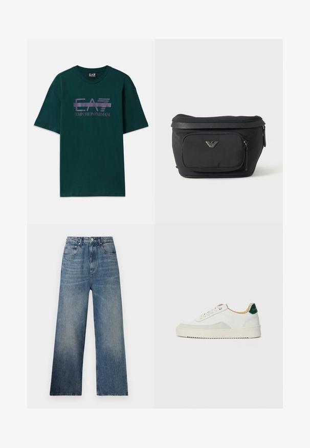 Tmavohnedé bavlnené tričko s fialovým potlačeným logom "EA7 Emporio Armani" na prsiach. Klasický okrúhly výstrih a krátke rukávy.; Modré rifľové nohavice s širokými nohavicami a vysokým pásom, s jemným zosvetlením, piatimi vreckami a kovovým zapínaním vpredu.; Biele tenisky s semišovými akcentmi, zaoblenou špičkou, plochými šnúrkami a krémovou gumovou podrážkou. Na päte sú zelené značky.; Čierna ľadvinka s predným vreckom na zips a strieborným logom orla, hladká látka s textúrovaným lemom a ťaháčikmi zipsu.