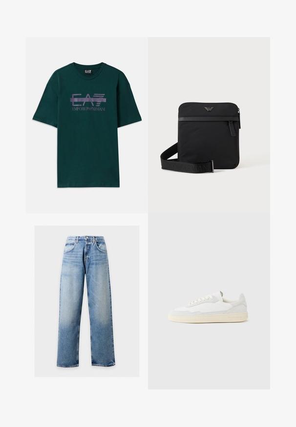 Mørkegrøn bomulds t-shirt med et lilla logo print "EA7 Emporio Armani" over brystet. Klassisk rund hals og korte ærmer.; Lyseblå vidde ben jeans med frontlommer, bæltestropper og knaplukning mod en ensfarvet baggrund.; Hvid sneakers med en øvre del i tekstureret ruskind og læder. Har rundet tå, snørelukning og kontrasterende beige gummisål.; Sort firkantet skuldertaske med lynlås, frontlomme og justerbar rem med præget brandnavn.