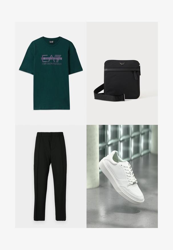 Tmavohnedé bavlnené tričko s fialovým potlačeným logom "EA7 Emporio Armani" na prsiach. Klasický okrúhly výstrih a krátke rukávy.; Čierne nohavice s hladkou textúrou, s plochým predným dielom, dvoma vertikálnymi skladmi a zúženým strihom nohavíc. Elastický pás pre pohodlie.; Biela kožená teniska s okrúhlou špičkou, šnurovacím predným dielom a plochou gumovou podrážkou. Obsahuje perforované detaily a jemný akcent loga.; Čierna štvorcová kabelka cez rameno so zipsom, predným vreckom a nastaviteľným popruhom s vyrazeným názvom značky.