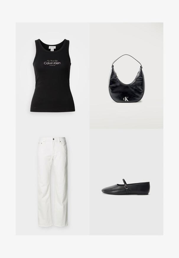 Débardeur noir côtelé sans manches avec l'inscription "New York City Calvin Klein Established 1968" en blanc sur la poitrine.; Jean blanc à jambes droites avec poches avant, passants pour ceinture, fermeture par bouton, et coutures visibles sur un fond uni.; Ballerines noires en cuir avec un bout pointu, une semelle plate et une petite sangle avec un détail de boucle en argent.; Sac à main en cuir noir en forme de croissant avec une sangle courte et un logo "cK" argenté sur le devant, fermeture éclair en haut.