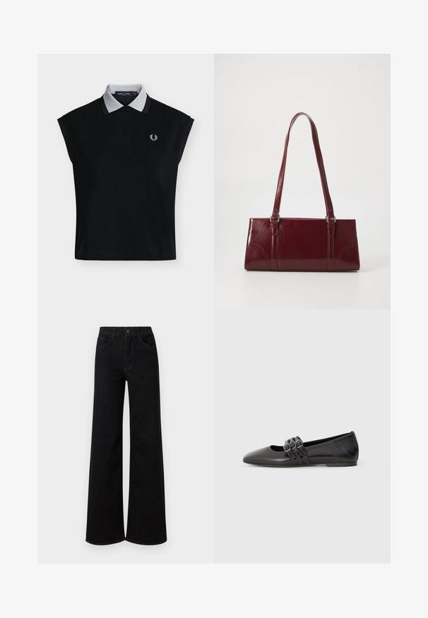 Polo noir sans manches avec col texturé gris clair, deux boutons noirs et logo laurier brodé blanc sur la poitrine.; Jean large noir en denim, avec une taille haute, un design classique à cinq poches et une fermeture à bouton à l'avant.; Chaussure plate noire à bout pointu, fabriquée en cuir lisse. Présente trois brides décoratives avec boucles sur le cou-de-pied.; Sac à main bordeaux en matériau brillant, de forme rectangulaire, avec deux anses et des accents légèrement courbés à l'avant.