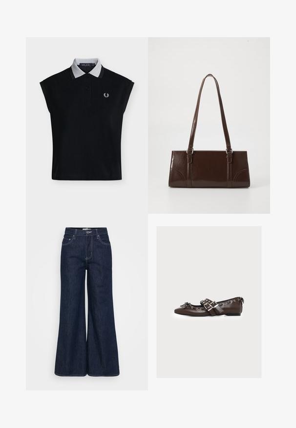 Polo noir sans manches avec col texturé gris clair, deux boutons noirs et logo laurier brodé blanc sur la poitrine.; Pantalon large en denim foncé avec une taille haute, doté de poches avant, de surpiqûres contrastantes et d'un ourlet propre.; Chaussure plate en cuir marron avec doubles brides argentées à boucle, lacets décoratifs le long des bords, et un petit nœud sur la pointe pointue.; Sac à main en cuir verni marron de forme rectangulaire, avec deux longues poignées et des accents courbés subtils à l'avant.