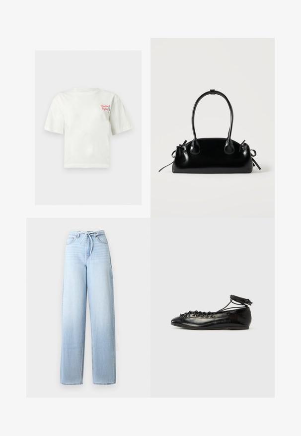 Weißes T-Shirt mit kurzen Ärmeln, kleinem roten Text "Martini & Oysters" und einer Grafik eines Martiniglashalters auf der linken Brust.; Hellblaue Jeans mit hoher Taille, weitem Bein, Fronttaschen und Kordelzugverschluss.; Schwarze Ballerinas aus Lackleder mit runder Spitze, Schnürdesign und flacher Sohle. Glatte Textur mit minimaler Verzierung.; Kleine schwarze glänzende Handtasche mit zwei langen Griffen und seitlichen Kordelzug-Details vor einfachem hellem Hintergrund.
