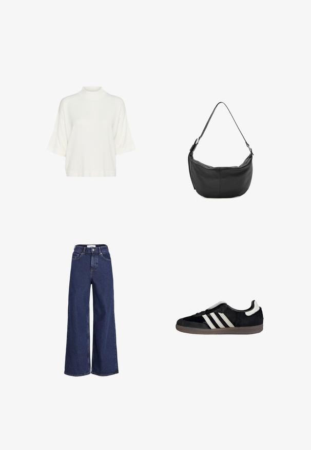 Witte losse korte-mouwtrui met een hoge hals en geribde zoom, weergegeven op een effen witte achtergrond.; Donkerblauwe jeans met een hoge taille en wijde pijpen, voorzien van steekzakken aan de voorkant, lussen voor een riem, knoopsluiting en zichtbare stikdetails.; Zwarte lage sneaker met witte strepen, witte hieltab en grijze, gestructureerde zool, zijaanzicht op een witte achtergrond.; Zwarte leren schoudertas in maantjesvorm met verstelbare band en zilveren gespsdetails op een witte achtergrond.