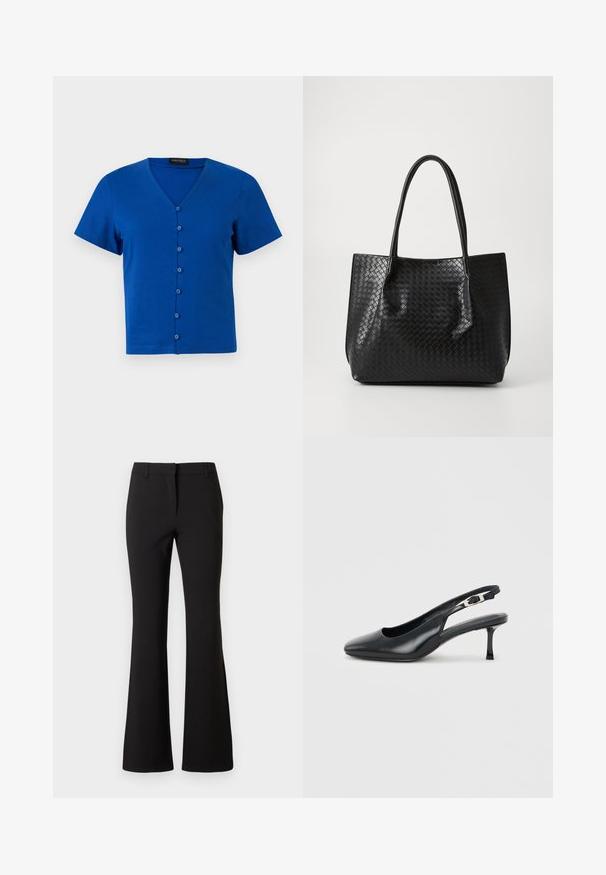 Chemise bleue à manches courtes avec col en V et sept boutons à l'avant, présentée sur un fond clair uni.; Pantalon évasé noir en tissu lisse, présentant un pli frontal, des passants de ceinture et une coupe ajustée. Design épuré sans motifs visibles.; Chaussure slingback noire en cuir à bout pointu avec un petit talon aiguille bas et une bride réglable à boucle sur un fond clair uni.; Sac de tote en cuir tressé noir avec deux poignées, forme structurée et finition légèrement brillante sur un fond clair.