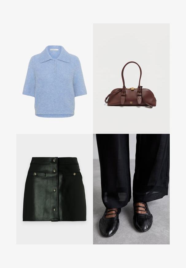 Lichtblauwe, kortebloemige gebreide top met een kraag en een vijfknopenlijst. Zachte textuur met een iets boxy pasvorm en geribbelde zoom.; Zwarte leren minirok met een voorknopsluiting, twee voorzakken en metallic accenten. Glad oppervlak met een aansluitend ontwerp.; MIISTA AVERIE - Ballerina's met enkelbandjes - black; Bruine leren handtas met twee korte handvatten, gouden beslag en doorstikte accenten. Voorzien van een ritssluiting en een decoratief logo aan de voorkant.