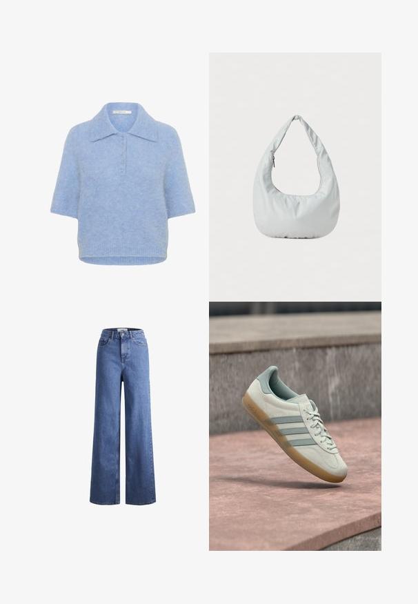Lichtblauwe, kortebloemige gebreide top met een kraag en een vijfknopenlijst. Zachte textuur met een iets boxy pasvorm en geribbelde zoom.; Lichtblauwe denim wijde jeans met een hoge taille, twee voorzakken en zichtbare stiksels. Voorzien van een knoop- en ritssluiting.; Lichtbeige suède sneaker met blauwe accenten, voorzien van drie zijstrepen, een gestructureerde gumzool en platte veters. Modelnaam "Gazelle" zichtbaar.; Zachte, lichtgrijze hobo tas van synthetisch materiaal. Heeft een enkele gevoerde handgreep en een ritsvak aan de zijkant.