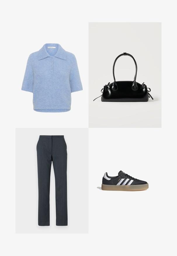 Top de punto de manga corta en azul claro, con cuello y tapeta de cinco botones. Textura suave con un corte ligeramente cuadrado y dobladillo acanalado.; Pantalones azul oscuro con rayas verticales, diseño a medida, textura suave, piernas rectas y cinturilla estándar.; Zapatilla deportiva de cuero negro con tres rayas plateadas, punta texturizada y suela de goma. Cuenta con un collar acolchado y un diseño con cordones.; Pequeño bolso negro brillante con dos asas largas y detalles de cordón lateral sobre un fondo claro liso.