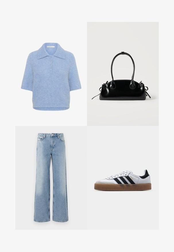 Top de punto de manga corta en azul claro, con cuello y tapeta de cinco botones. Textura suave con un corte ligeramente cuadrado y dobladillo acanalado.; Jeans de pernera ancha de color azul claro con un lavado desgastado, cinco bolsillos, cierre de botón y bajos rectos. Fabricados en denim con una textura suave.; Zapatillas de cuero blancas con rayas negras, suela de goma, puntera redonda, cierre de cordones y caperuza de ante gris suave.; Pequeño bolso negro brillante con dos asas largas y detalles de cordón lateral sobre un fondo claro liso.