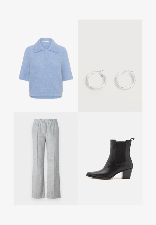 T-shirt tricot à col, bleu clair et à manches courtes, avec une patte de boutonnage à cinq boutons. Texture douce avec une coupe légèrement carrée et un ourlet côtelé.; Pantalons gris à jambes larges en tissu texturé ; dotés d'une taille élastique et de détails plissés à l'avant. Design épuré et minimal.; Dolce Vita SHADIE - Bottines - black; Paire de boucles d'oreilles créoles moyennes argentées brillantes avec de fines attaches métalliques sur un fond clair et neutre.