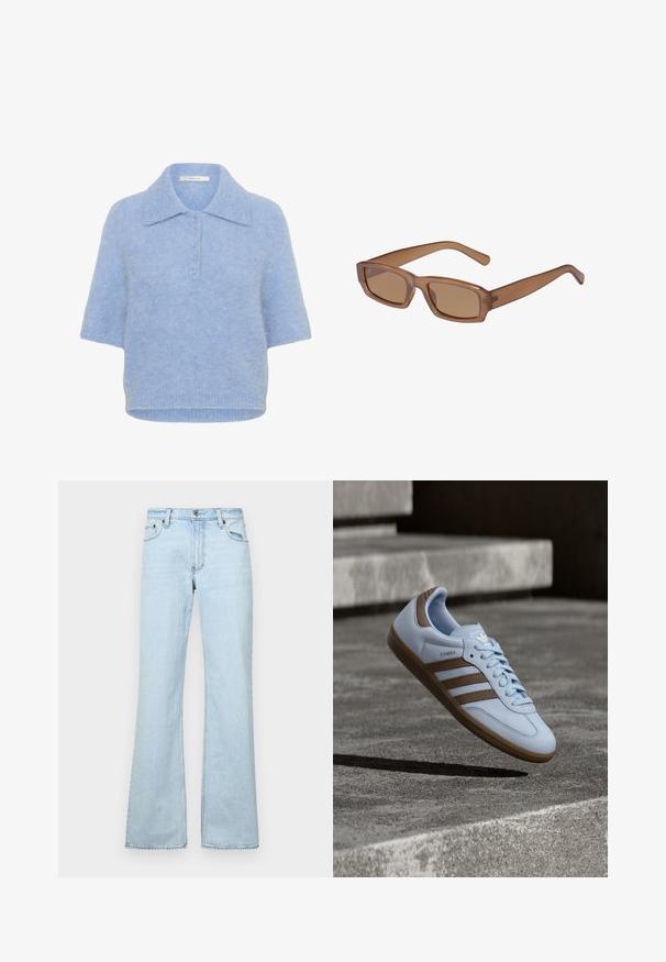 Hellblaues, kurzärmliges Strickoberteil mit Kragen und Knopfleiste mit fünf Knöpfen. Weicher Stoff mit leicht lässiger Passform und geripptem Saum.; Hellblaue Schlagjeans aus Denim, mit fünf Taschen, einem vorderen Knopfverschluss und Ziernähten. Glatte Textur, lässiges Design.; Hellblauer Sneaker mit braunen Wildlederakzenten, drei seitlichen Streifen, flachen Schnürsenkeln und einer strukturierten Gummisohle. Markenlogo auf der Zunge.; Braune, rechteckige Sonnenbrille mit transparentem Gestell, schlanken Bügeln und getönten Gläsern, die eine glatte Textur und modernes Design aufweist.