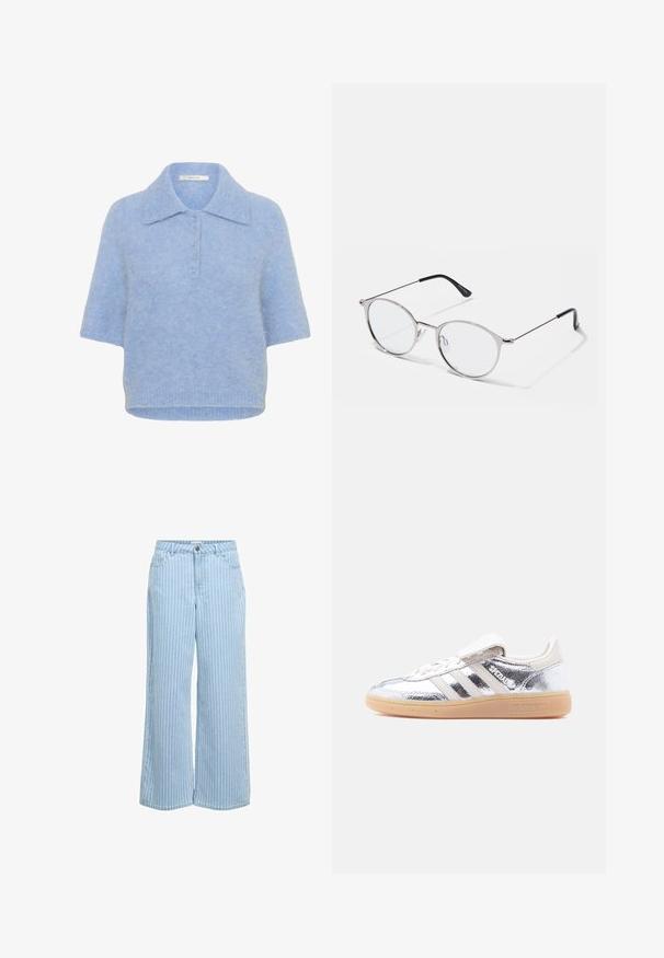 Hellblaues, kurzärmliges Strickoberteil mit Kragen und Knopfleiste mit fünf Knöpfen. Weicher Stoff mit leicht lässiger Passform und geripptem Saum.; Hellblaue Jeans mit hohem Bund und weitem Bein, weißen vertikalen Nadelstreifen, vorderem Knopf und Taschen.; Silberner metallic Adidas Spezial Sneaker mit weißen Streifen und Gummisohle, von der linken Seite auf einem schlichten weißen Hintergrund gezeigt.; Metallisch silberne Brille mit runden Gläsern und einem dünnen Rahmen. Schwarze Bügelspitzen bieten einen Kontrast. Verstellbare Nasenpolster sind inkludiert.