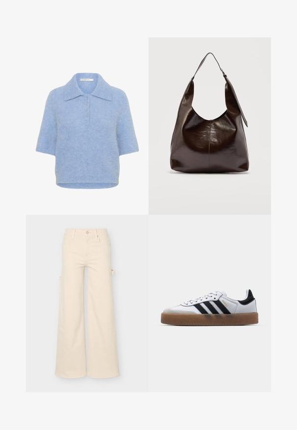 Top de punto de manga corta en azul claro, con cuello y tapeta de cinco botones. Textura suave con un corte ligeramente cuadrado y dobladillo acanalado.; Pantalones beige de pierna ancha con bolsillos delanteros y traseros, trabillas para cinturón, cierre con botón y un detalle de lazo lateral sobre un fondo liso.; Zapatillas de cuero blancas con rayas negras, suela de goma, puntera redonda, cierre de cordones y caperuza de ante gris suave.; Bolso de hombro de cuero marrón oscuro brillante con una sola correa ancha y detalle de hebilla en un lado, colocado sobre un fondo claro y sencillo.
