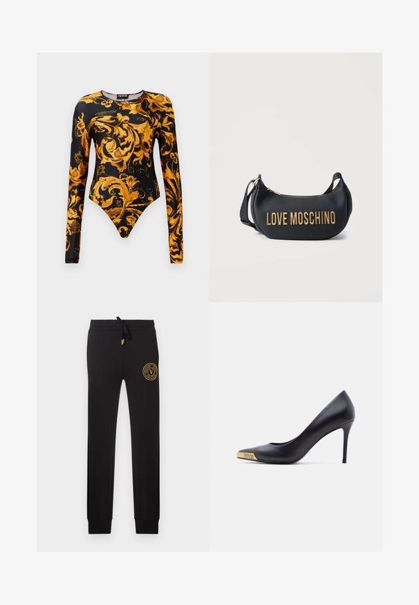 Bodysuit negro con mangas largas, que presenta ornados patrones florales dorados y un diseño de pierna alta. Fabricado en un material suave.; Pantalones jogger negros de corte ajustado con cintura ajustable con cordón y parche con el logo dorado de Versace Jeans Couture en la parte superior del muslo izquierdo.; Zapato de tacón alto de cuero negro con punta puntiaguda, punta metálica dorada grabada con "Versace Jeans Couture", mostrado de lado sobre fondo blanco.; Bolso de hombro negro en forma de media luna con letras doradas "LOVE MOSCHINO" y correa ajustable, sobre un fondo blanco liso.