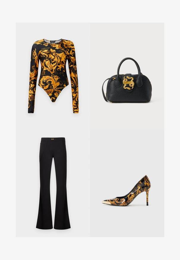 Bodysuit negro con mangas largas, que presenta ornados patrones florales dorados y un diseño de pierna alta. Fabricado en un material suave.; Pantalones negros acampanados con detalles de costura frontal y una etiqueta con logo dorado en la cintura, exhibidos sobre un fondo claro y sencillo.; Zapato de tacón alto con punta afilada, superficie negra brillante, adornado con patrones florales dorados y una tapa metálica dorada en la punta.; Bolso de cuero negro texturizado con dos asas y un cierre en forma de serpiente dorada con grabado "Just Cavalli".