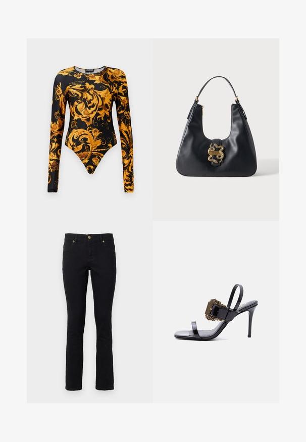 Schwarzer Body mit langen Ärmeln, verziert mit aufwendigen goldenen Blumenmustern und einem hoch geschnittenen Beinschnitt. Hergestellt aus glattem Material.; Schwarze Denim-Jeans mit geradem Schnitt, Fünf-Taschen-Design, Knopfverschluss und goldfarbenen Hardware-Akzenten. Weiche Textur mit minimalen Details.; Schwarzer Sandale mit hohem Absatz aus Lackleder, dünnen Riemen und einer großen, kunstvoll gestalteten goldenen Schnalle auf dem vorderen Riemen.; Schwarze Lederhandtasche mit einem einzelnen Riemen und einem goldenen dekorativen Verschluss in Form von ineinander verschlungenen Schlangen auf der Vorderseite.