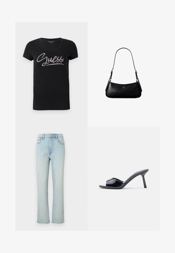 T-shirt noir à manches courtes pour femmes avec col rond et logo "Guess" rehaussé de petits clous en argent sur la poitrine.; Jean bleu clair taille haute à jambes droites avec bouton avant, passants de ceinture et design classique à cinq poches sur fond uni.; Sandales à talons ouverts en cuir verni noir, avec un design supérieur incurvé et un talon aiguille effilé. Finition lisse et brillante.; Mini sac à bandoulière en cuir noir avec une fine bandoulière et un petit logo CK doré au centre avant.