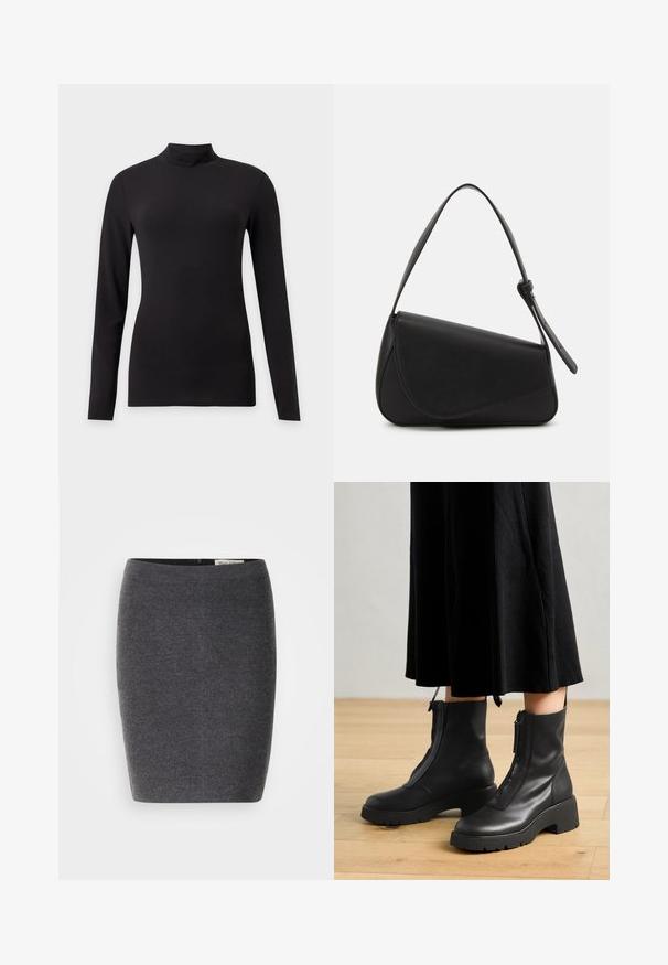 Sort tætsiddende top med lange ærmer og høj krave, vist på en ensfarvet lys grå baggrund.; Grå uld blyantskirt med en glat tekstur og tætsiddende design, med en diskret talje og uden synlige udsmykninger.; Sorte læder ankelstøvler med en kraftig platformsål og en frontlynlås. Glat tekstur med et minimalistisk design.; Sort læderhåndtaske med en triangular form, skrå klap og et rundt håndtag. Har en glat overflade og minimalistiske design detaljer.