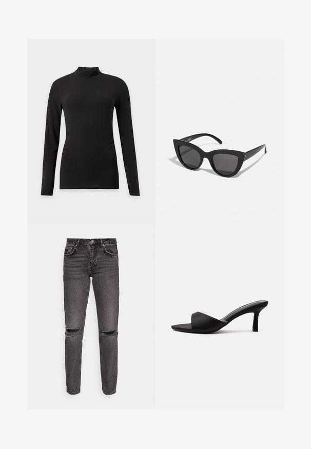 Zwarte aansluitende top met lange mouwen en een opstaande kraag, getoond op een effen lichtgrijze achtergrond.; Gina Tricot LOW - Straight leg jeans - black denim; Zwarte mule met open teen, met een smalle hak van gemiddelde hoogte en een brede band aan de voorkant, zijaanzicht op een effen achtergrond.; Zwarte cat-eye zonnebril met een matte afwerking, voorzien van grijs getinte glazen, scherpe hoeken en slanke zijarmen. Merkennaam zichtbaar op de binnenarm.