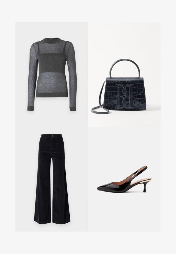 Haut à manches longues gris en tissu léger, avec un col ronde côtelé et un design rayé semi-transparent sur le torse.; Pantalons larges en velours côtelé noir avec taille haute, fermeture à bouton et poches avant. Texture lisse avec un motif en ribbing vertical.; Escarpin slingback en cuir verni noir avec bout pointu et petit talon kitten sur fond blanc uni.; Sac à main en cuir noir embossé en crocodile avec un design structuré, une poignée supérieure, une bandoulière ajustable et un détail de logo en avant bien visible.